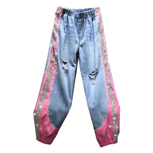 Hot Rhinestone Colorblock Elastic Waist Loose Large Size Thin Harlan Jeans