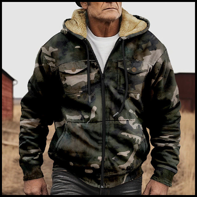 British-style Abstract Fashion Fleece-lined Cotton Coat With Hood And Zipper