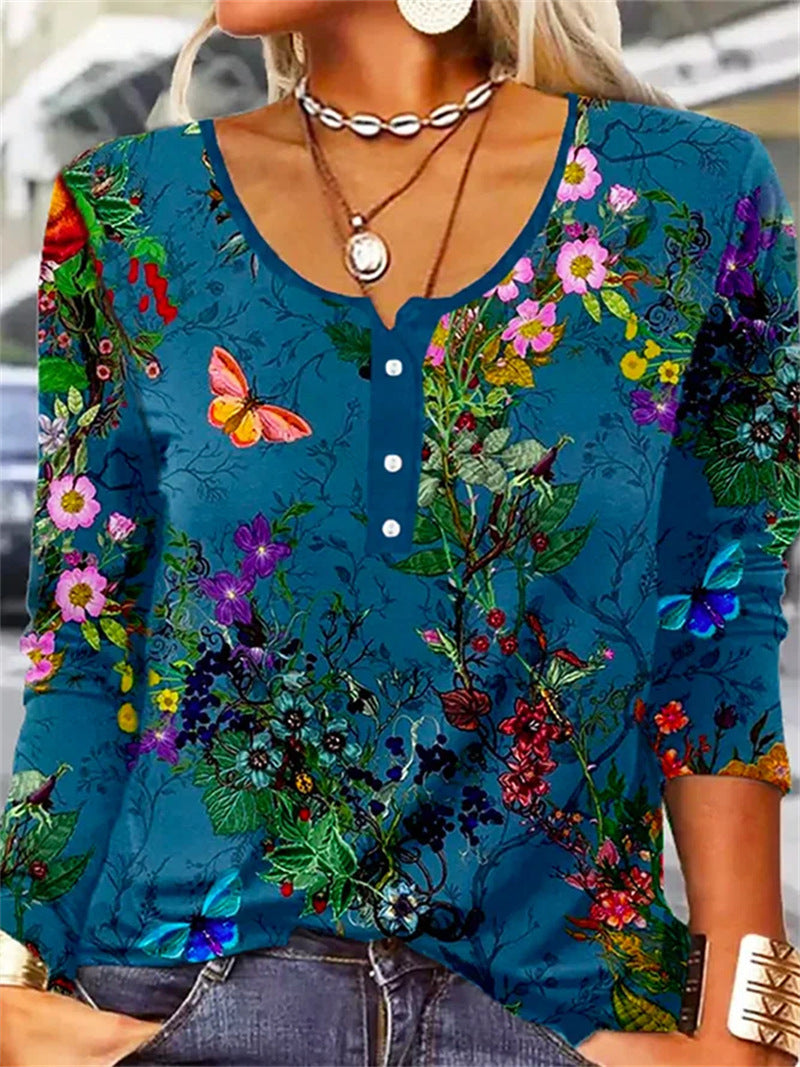 Dame Løs Langærmet Geometrisk Blomst Mang U-hals Knap T-shirt Dame