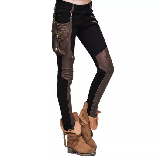 Street-style Punk And Western Rock Patchwork Solid-color Pencil Pants For Women