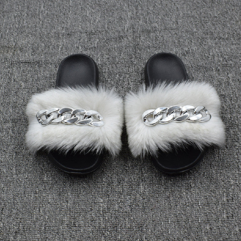 Fur Fur Slippers Chain Faux Fur Flip Flops
