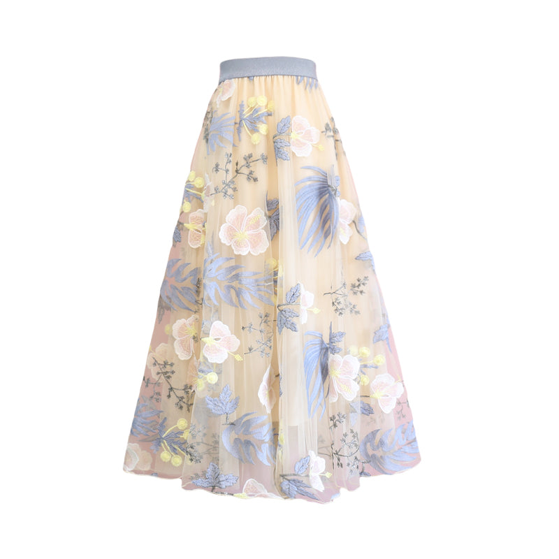 New Mesh Floral High Waisted Elastic Skirt