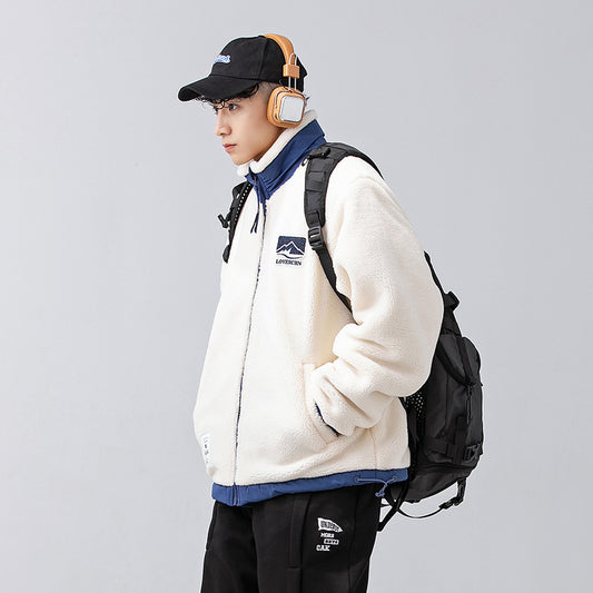 Stand Collar Milky White Lamb Wool Cotton Coat Men