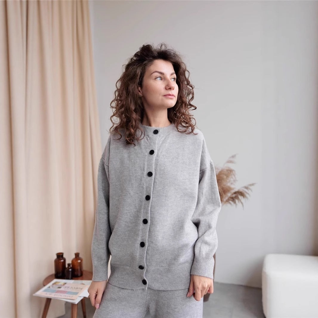 Women's Sweater Suit Round Neck Sweater Cardigan Knitted Vest Same Color Trousers