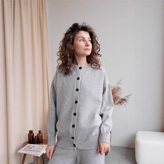 Women's Sweater Suit Round Neck Sweater Cardigan Knitted Vest Same Color Trousers