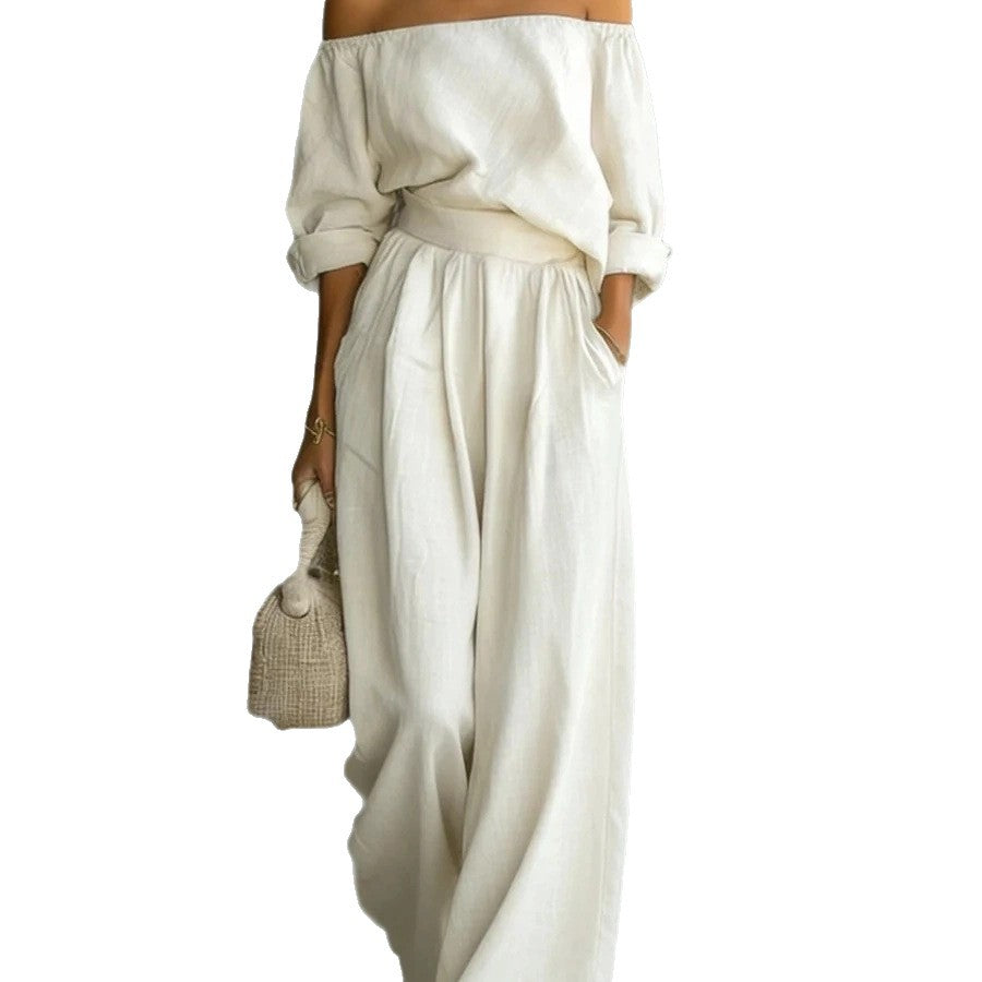 Casual Two-Piece Womens Outfit Off-Shoulder Top And Wide-Leg Pants Set