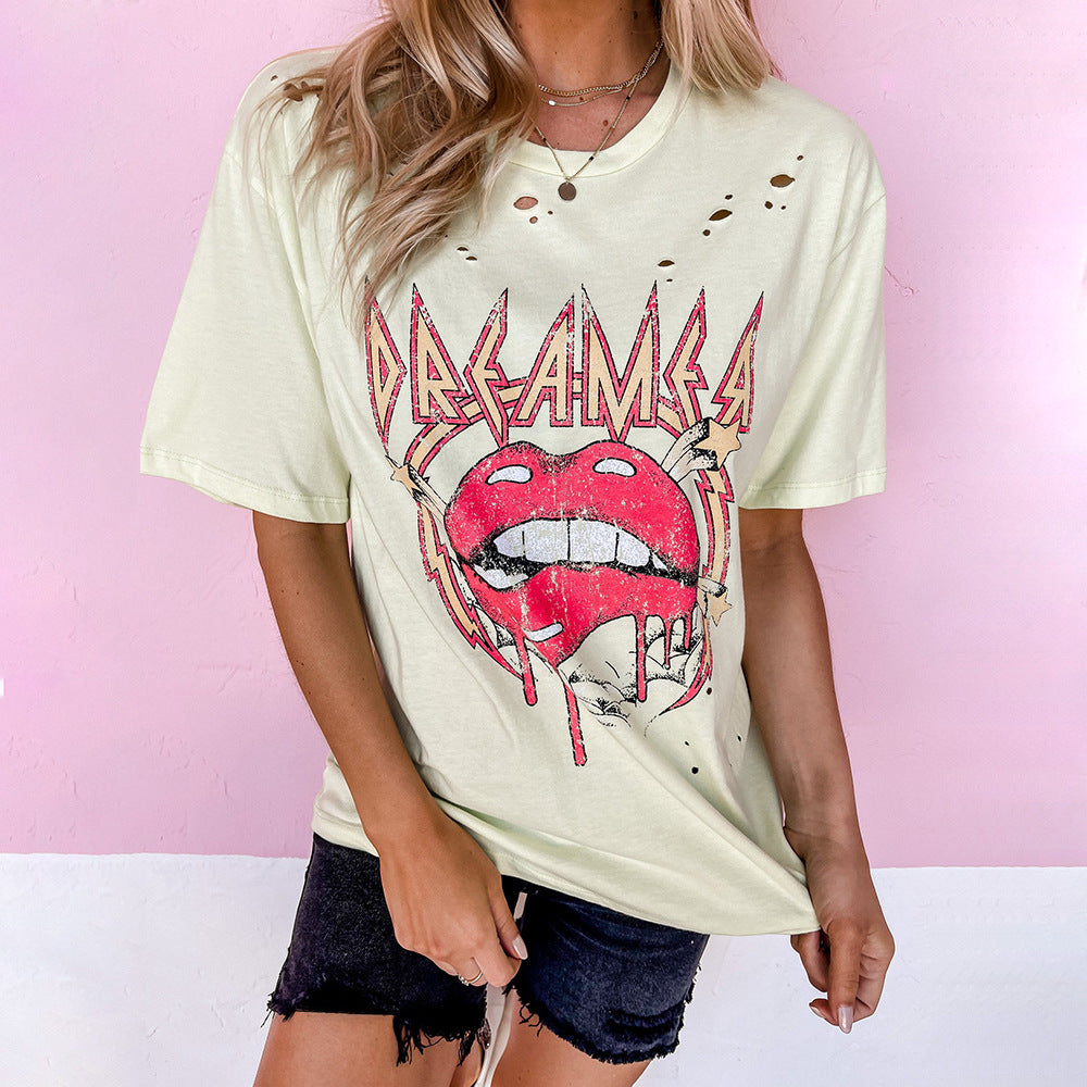 European And American Lip Letter Printing Short-sleeved Burning Flower Hole Loose Casual T-shirt Women