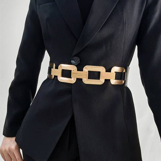The New Women's Gold Black Wide Belt Decoration Fashion Elastic Metal Waist Cover With Skirt Coat Waist Closed With Fashion Belt