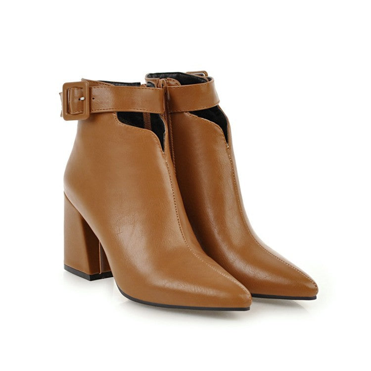 British Pointed Toe Belt Buckle Side Zipper Thick Heel High Heel Women's Boots