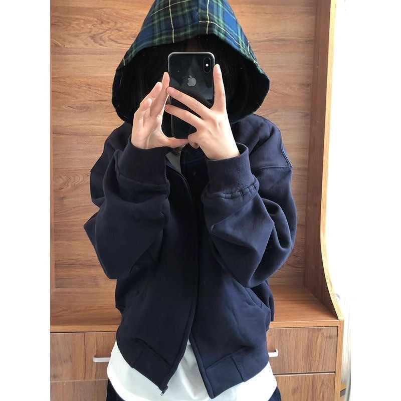 American Retro Plaid Hat Sweater Women's Spring And Autumn Korean Style Idle Style