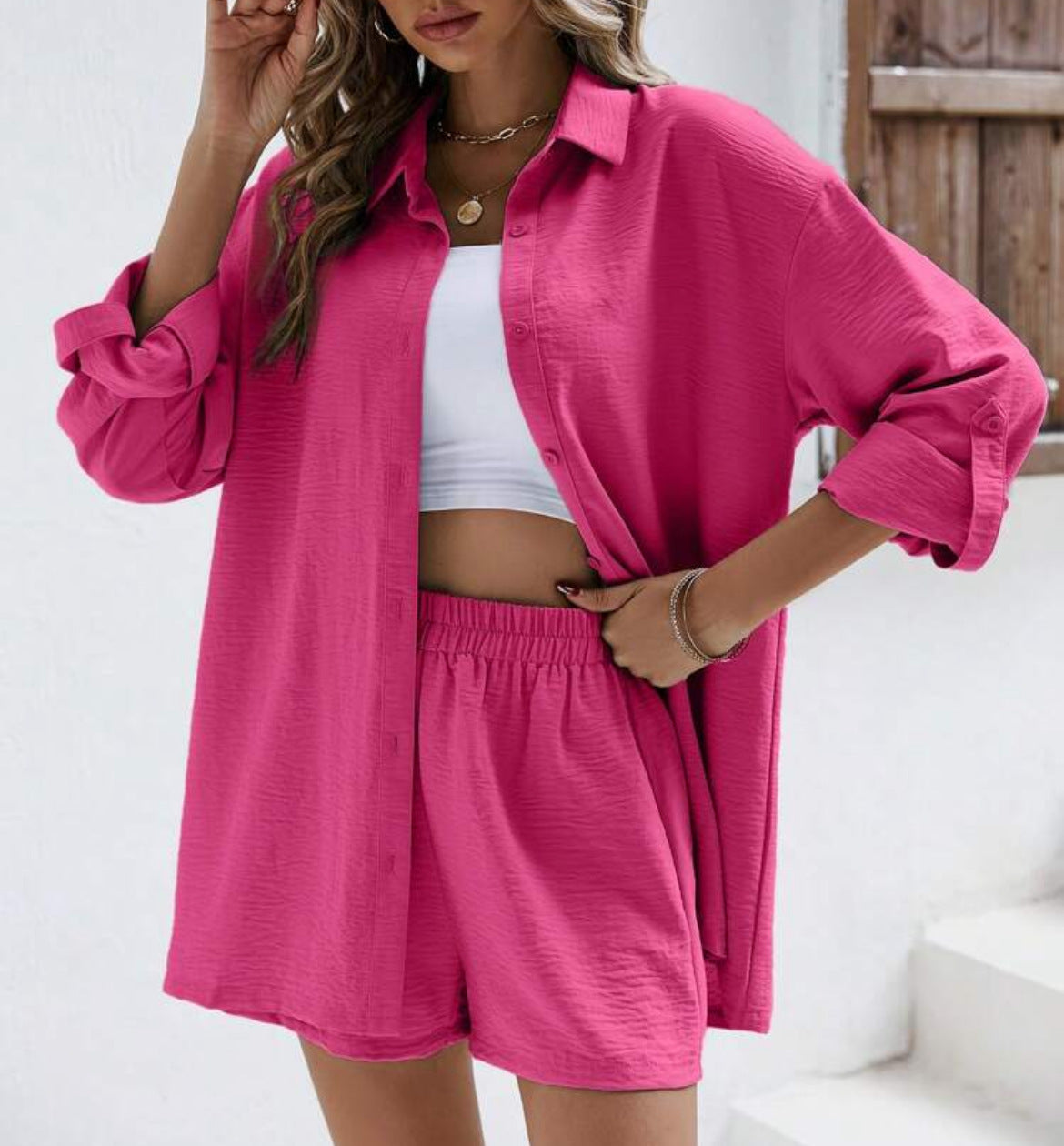Spring Solid-Colored Lapel Long-Sleeve Shirt And Elastic High-Waist Shorts Casual Set
