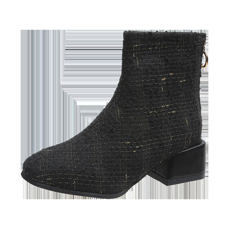 Autumn And Winter Plus Velvet Warm Plaid Martin Boots With Zipper Tips