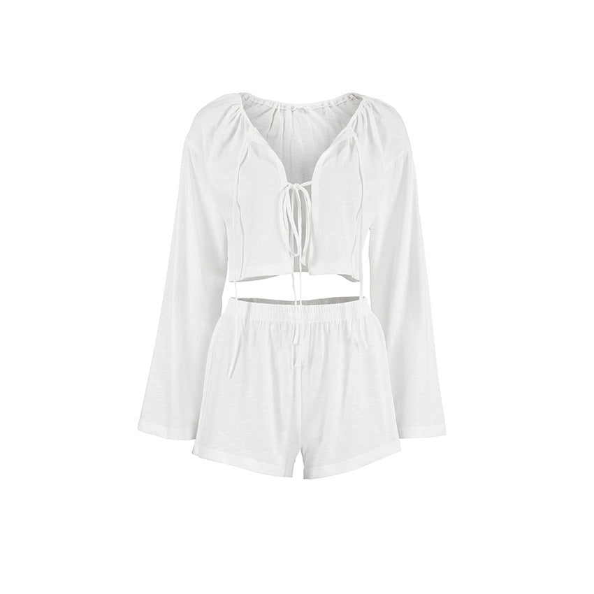 Long-sleeve Tie-front Cardigan And Cotton Shorts Pajama Set