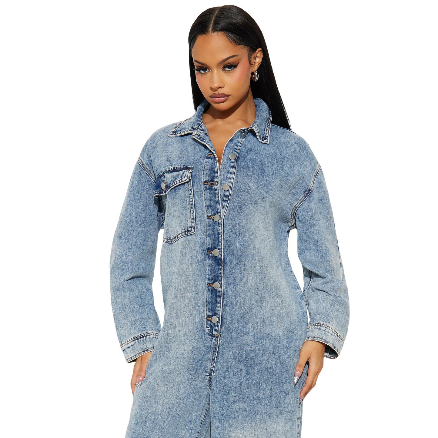 Stretchy Flared-leg Washed Denim Jumpsuit With Long Sleeves