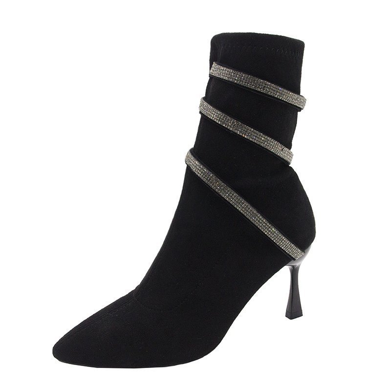 Pointed Fashion Boots Rhinestone French High Heels