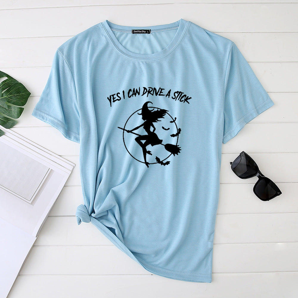 Flying Witch Print Crew Neck Short Sleeve T-Shirt