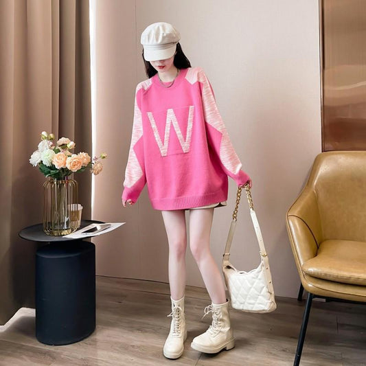 Contrast Color Letter Jacquard Crew Neck Pullover Sweater Women