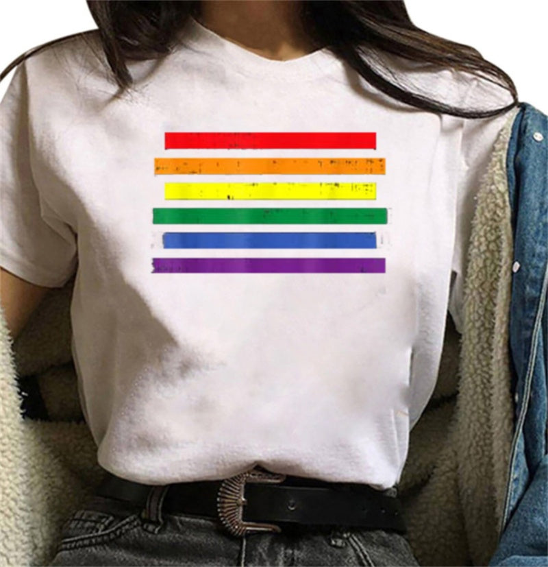 Rainbow Alphabet Print Casual Ladies Short Sleeves