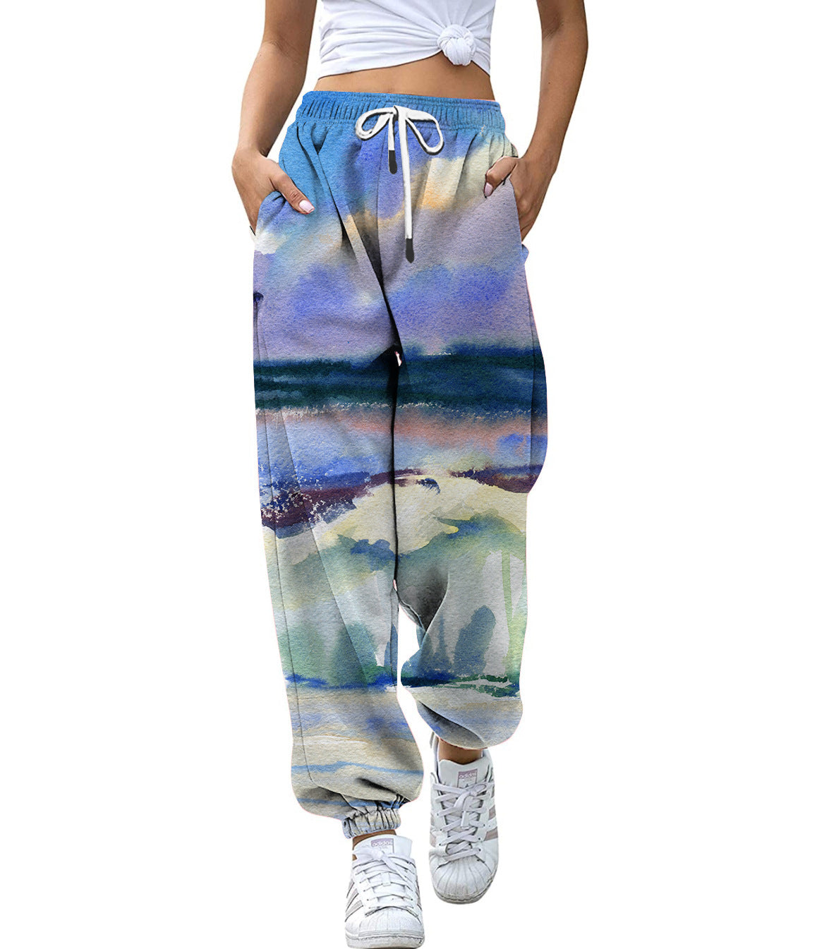 High Waist Drawstring Sports Pants Digital Printing Trousers Loose Casual Jogger Pants