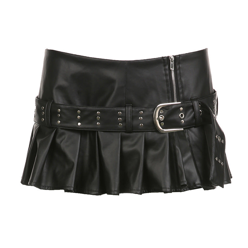 Punk Hot Girl Rivet Belt Split Leather Skirt Low Waist A- Line Style Pleated Skirt