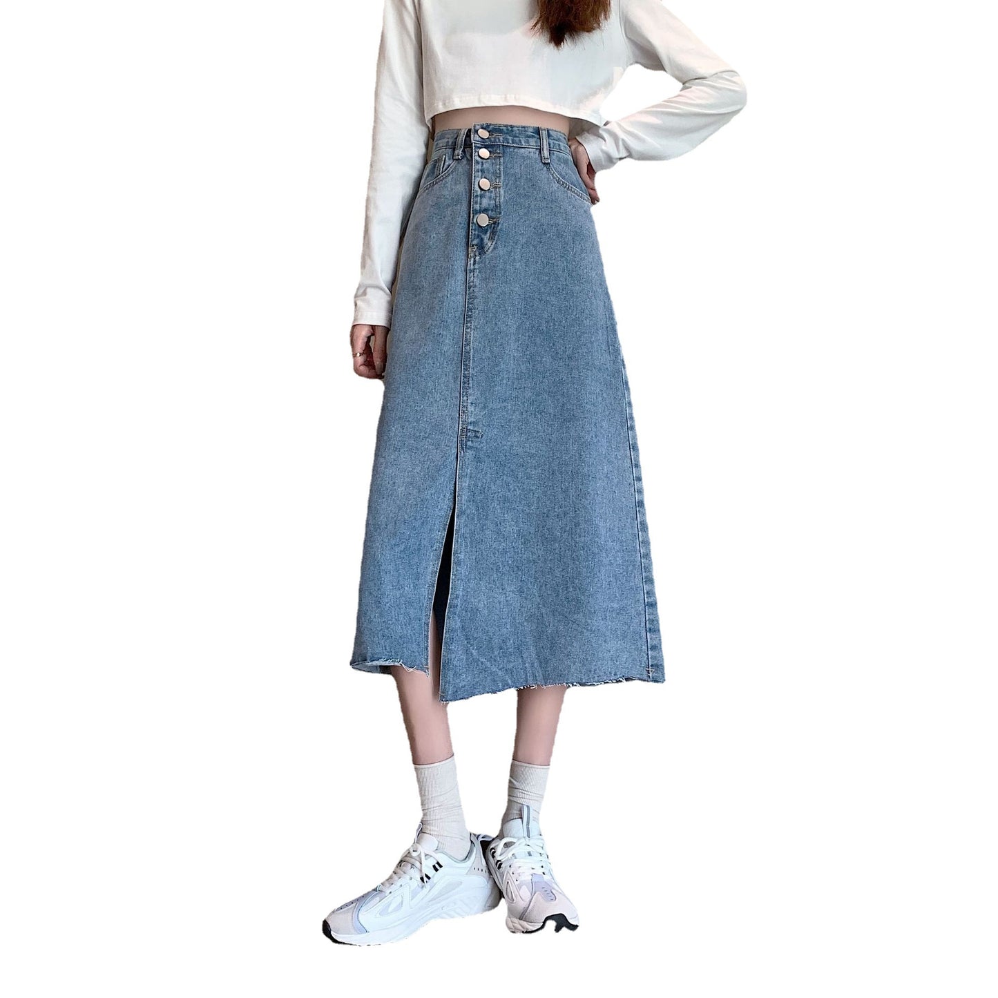 Split-denimnederdel til kvinder om sommeren