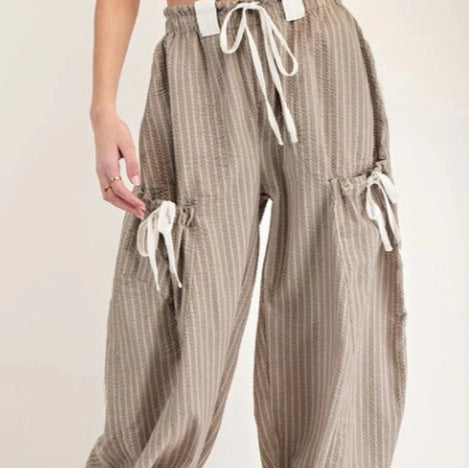 Brown Striped Drawstring Cargo With Pockets Jogger Pants