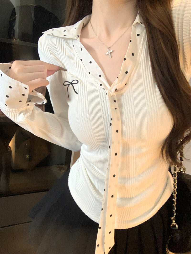 Polka Dot Patchwork Ribbon Long Sleeve T-shirt Women
