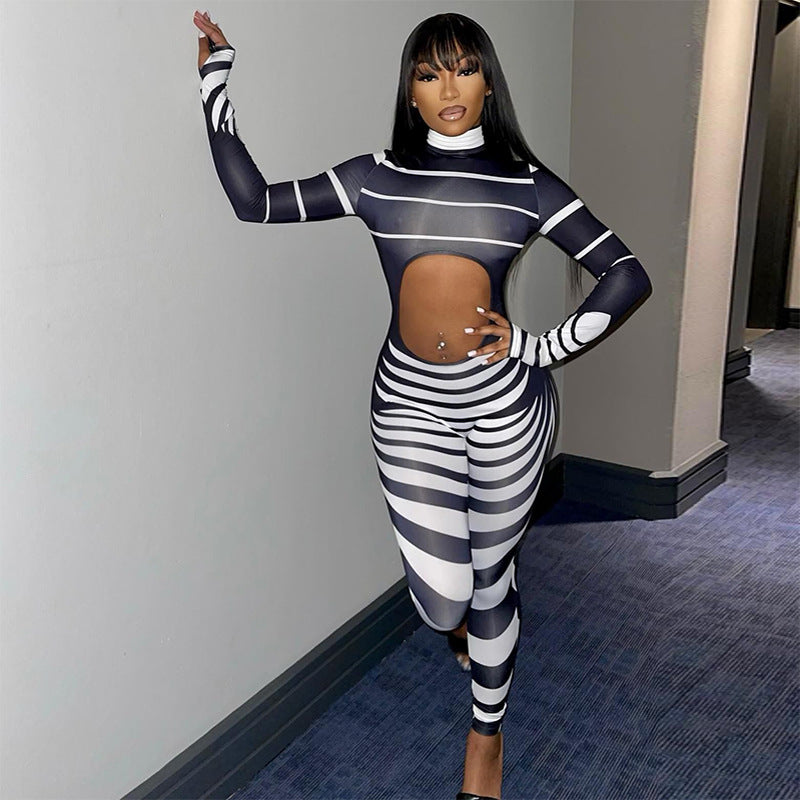 Women's Stand Collar Hollowed Out Print Long Sleeve Hip-lifting Bodysuit
