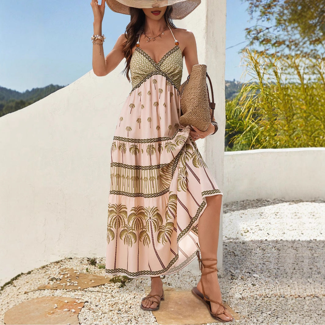 Bohemian Ethnic-Style Printed Beaded Halterneck Backless Dress