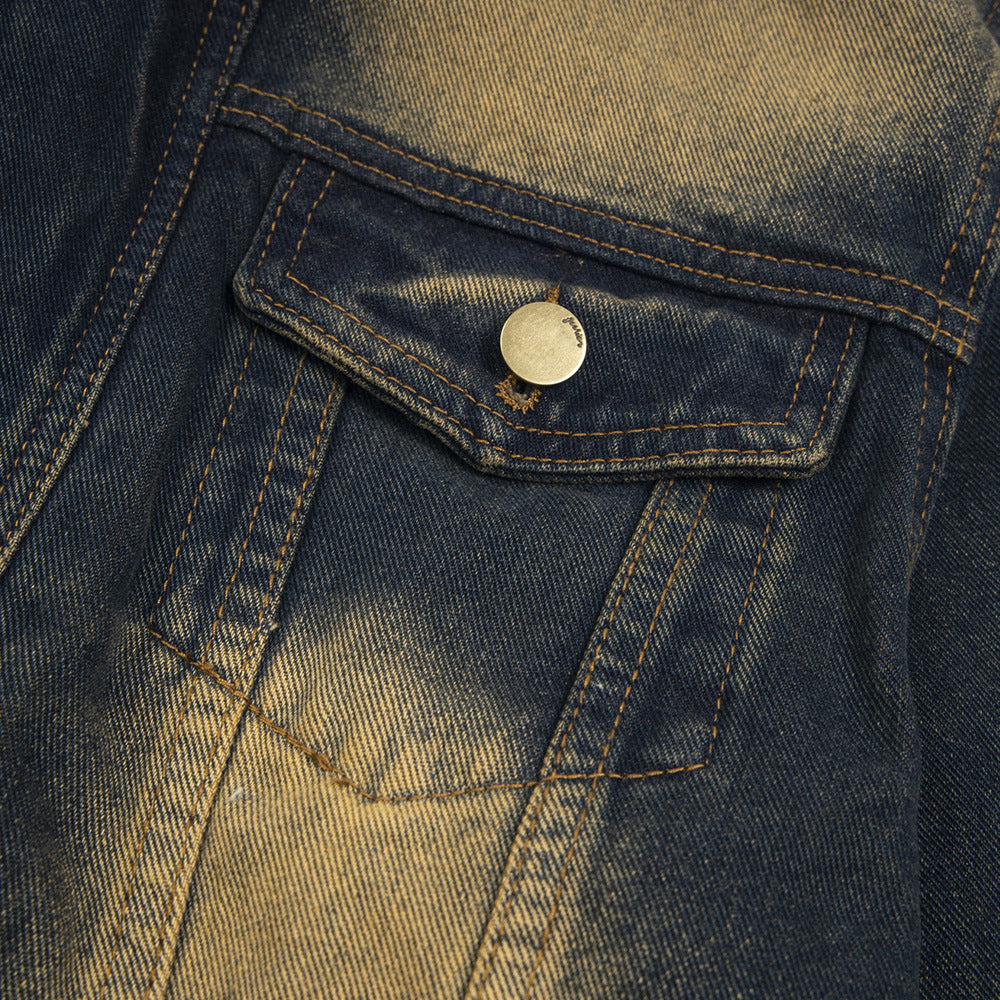 Waste Soil Spray Painting Distressed Raw Edge Denim Stand Collar Short Coat