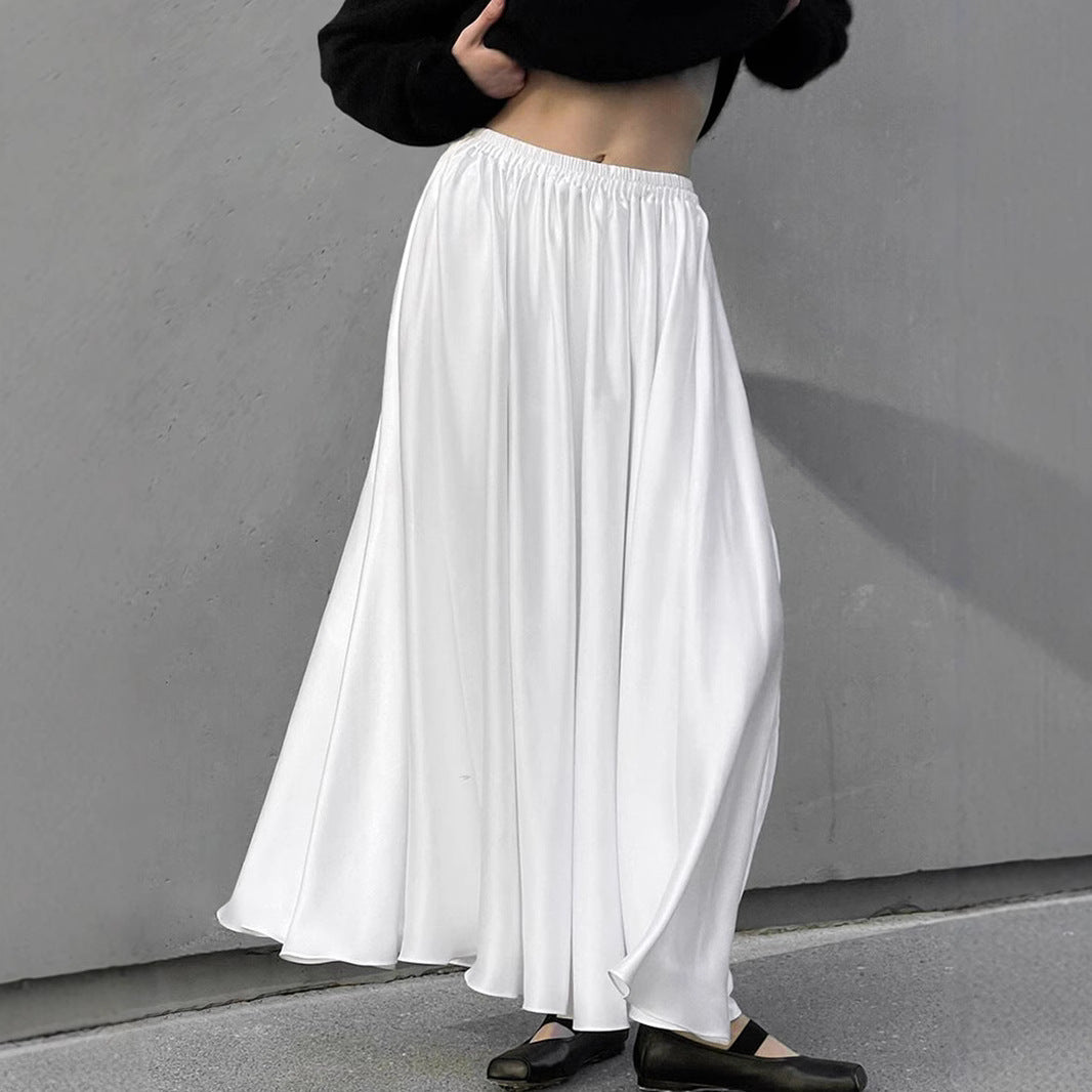 White Satin Draped High-waisted Midi Skirt