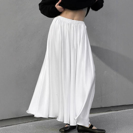 White Satin Draped High-waisted Midi Skirt