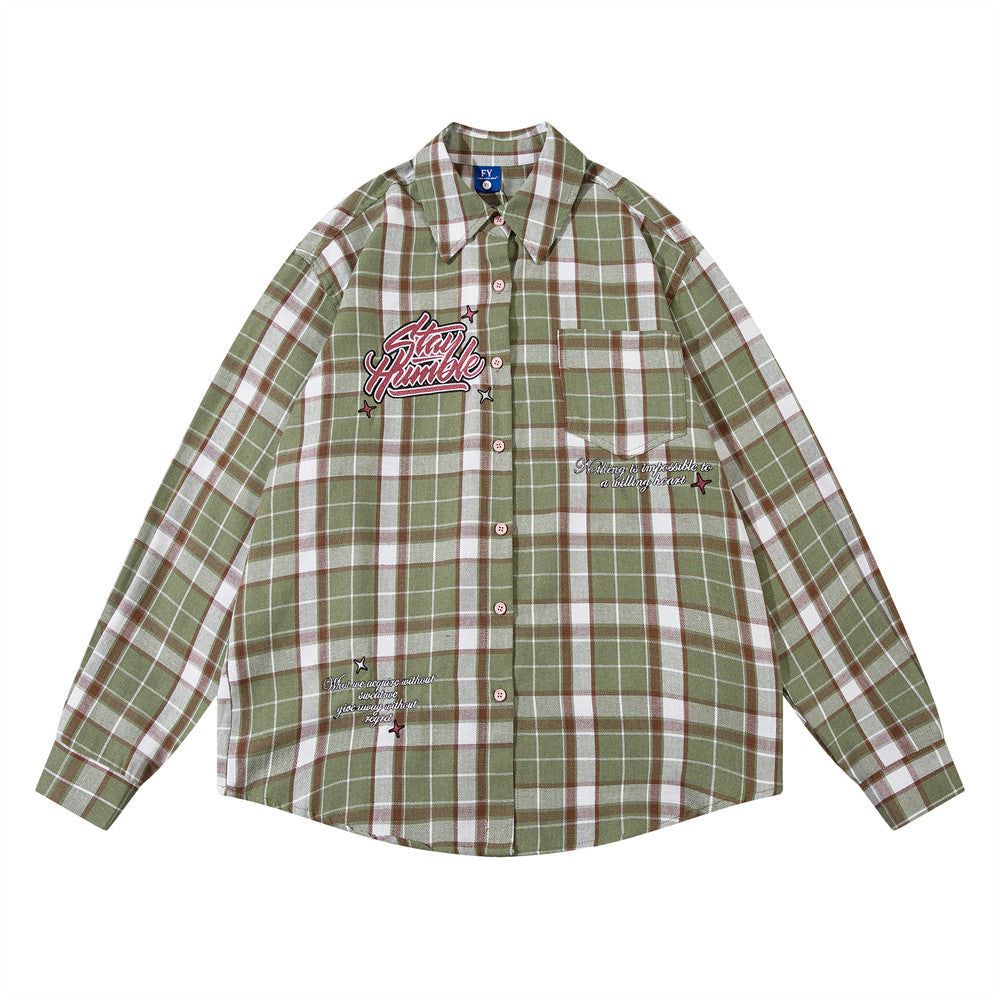 Spring And Autumn Loose Long Sleeve Plaid Shirt Men's And Women's Embroidered Letters