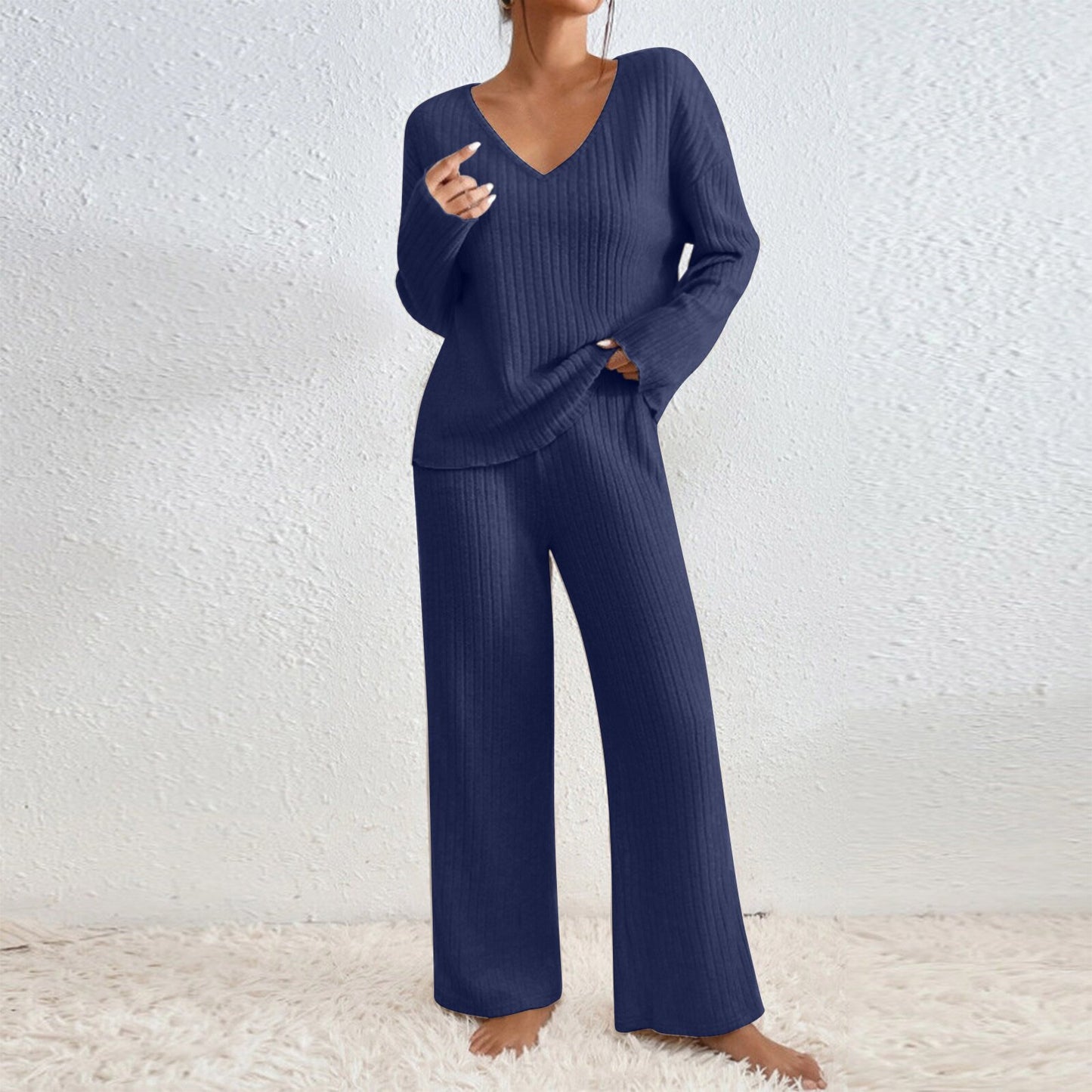 Long Sleeve V-neck Knitted Sunken Stripe Brushed Loose Leisure Suit