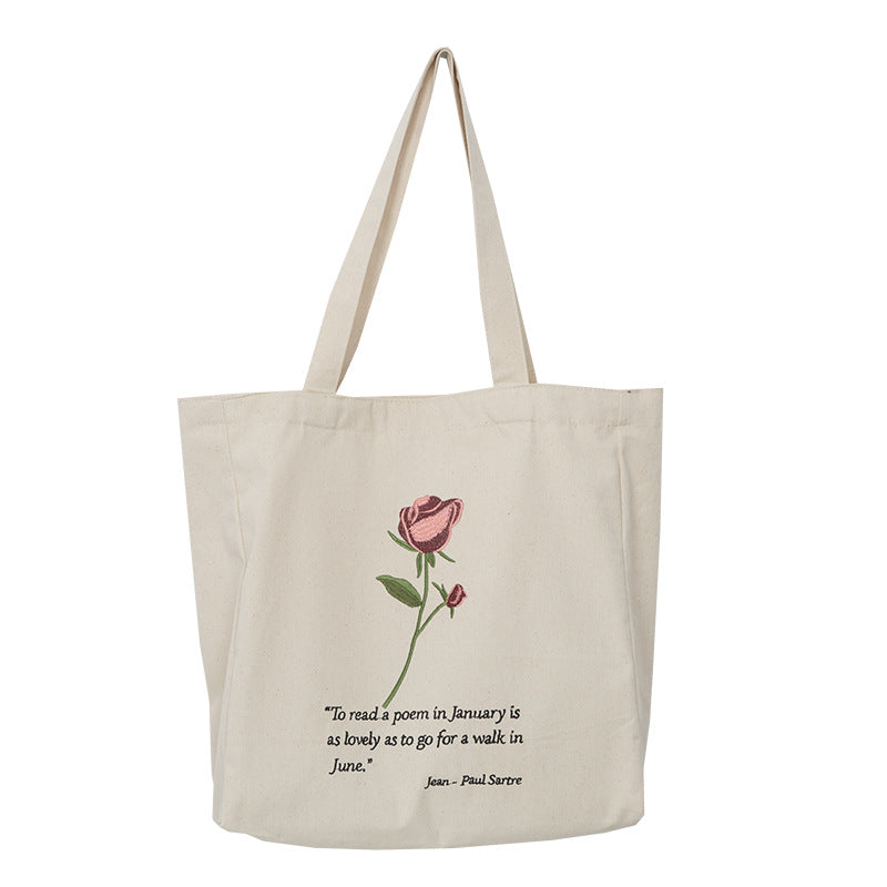 Litterær Fan Rose Broderet Casual Lærredstaske