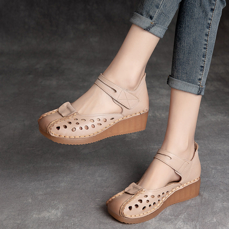 Slope Heel Comfortable Top Layer Cowhide Women's Shoes With Hollowed Out Toe Caps