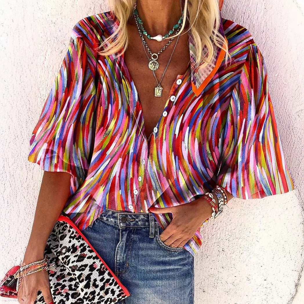Creative Shading Pattern 3D Printing Home Leisure Short Sleeve V-neck Shirt Women