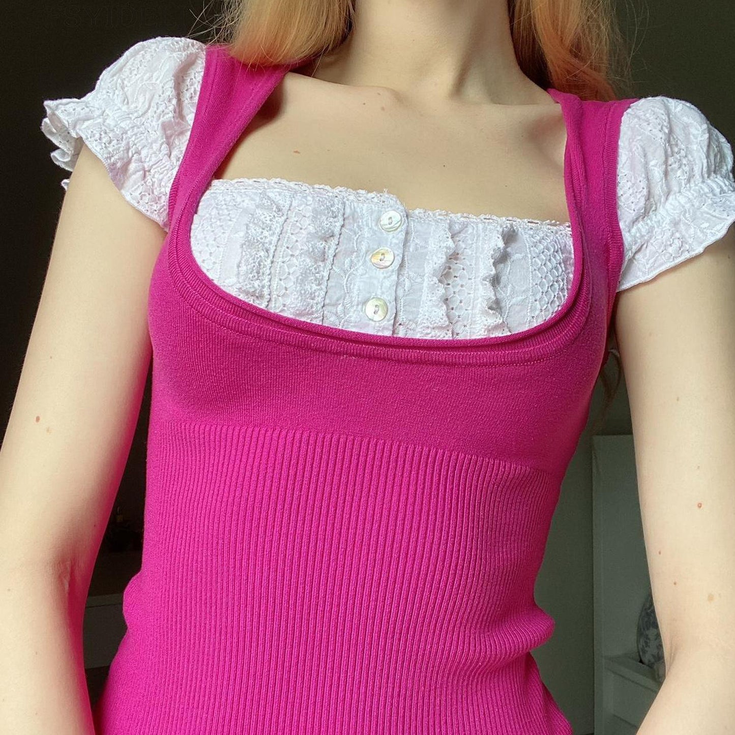 Women's Square Collar Lace Patchwork Knitted Short Sleeve
