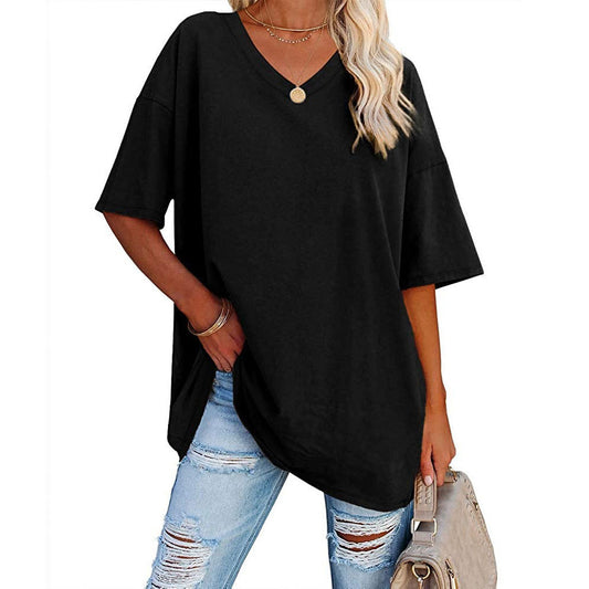 European And American Women's Loose Short-sleeved V-neck T-shirt