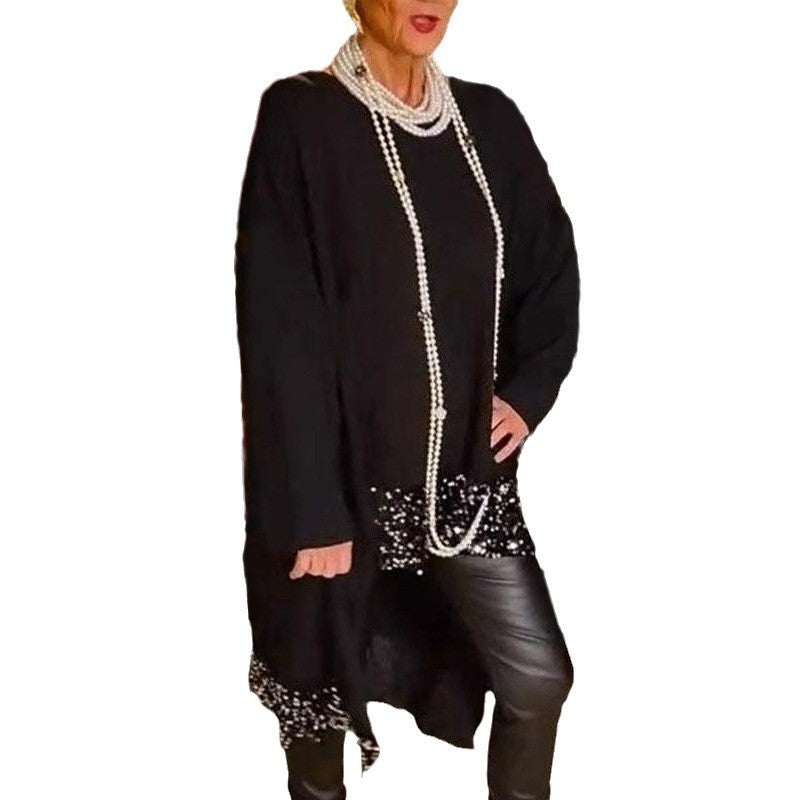 Loose And Irregular Hem Sequin Stitching Round Neck Long Sleeve Top