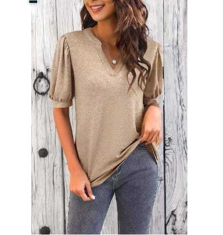 Women's New Casual V-neck Puff Sleeve Loose T-shirt Women