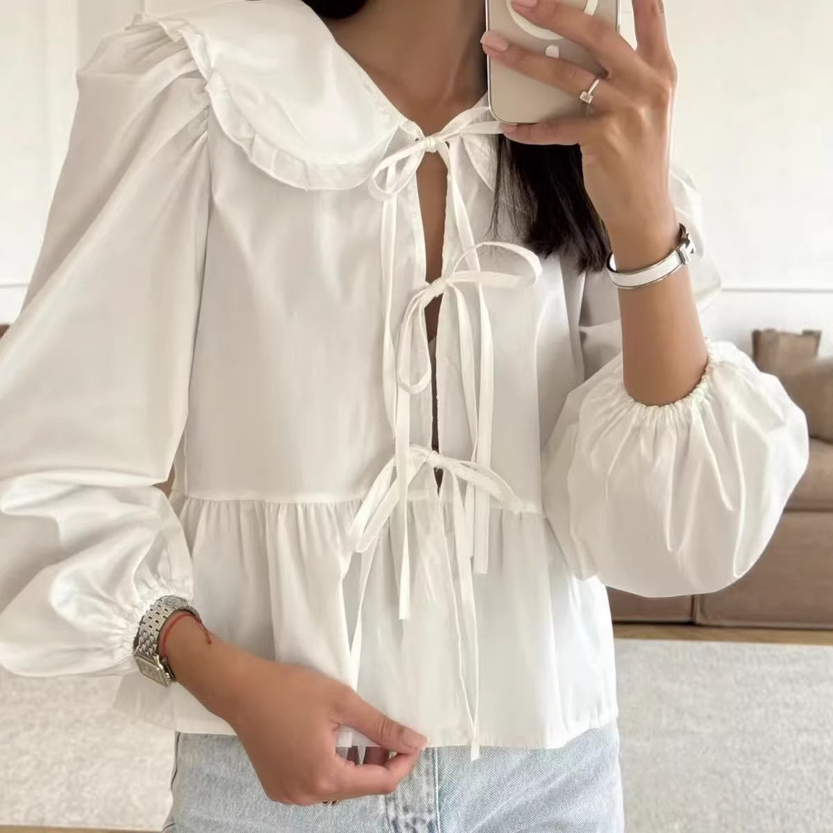 Stylish Work-appropriate White Lace-up Shirt Crafted From Premium Cotton Fabric
