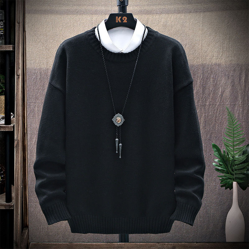 Men's New Casual Round Neck Brown Long-Sleeved Pullover Loose Sweater
