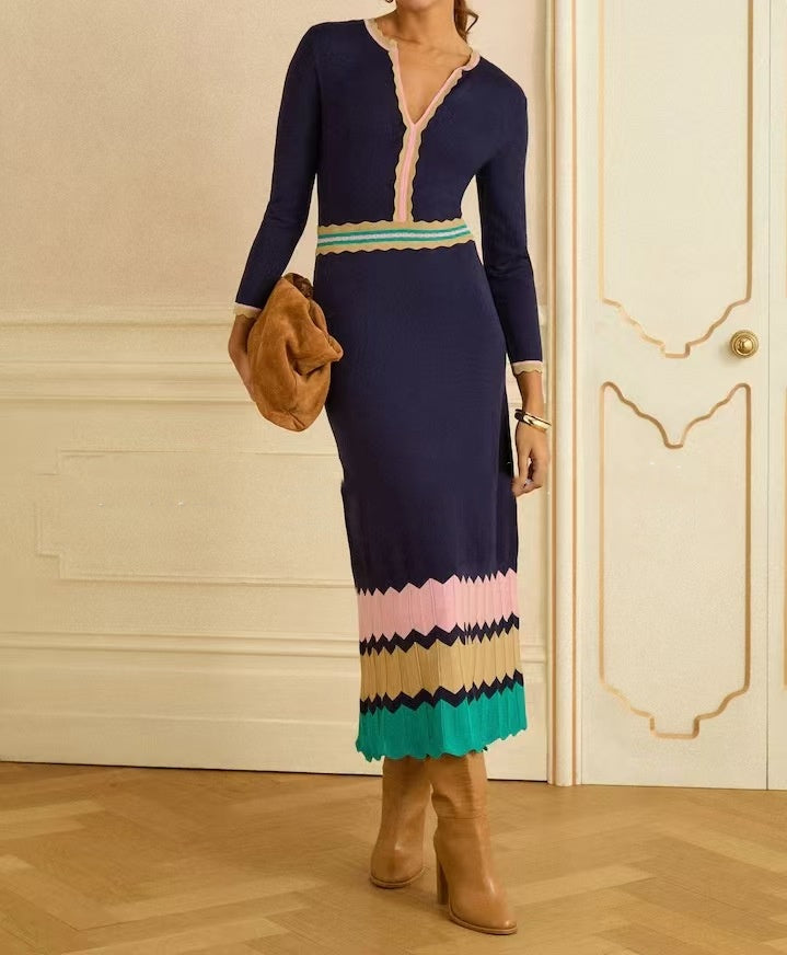 Patchwork V-neck Long Retro Waist-cinched Dress