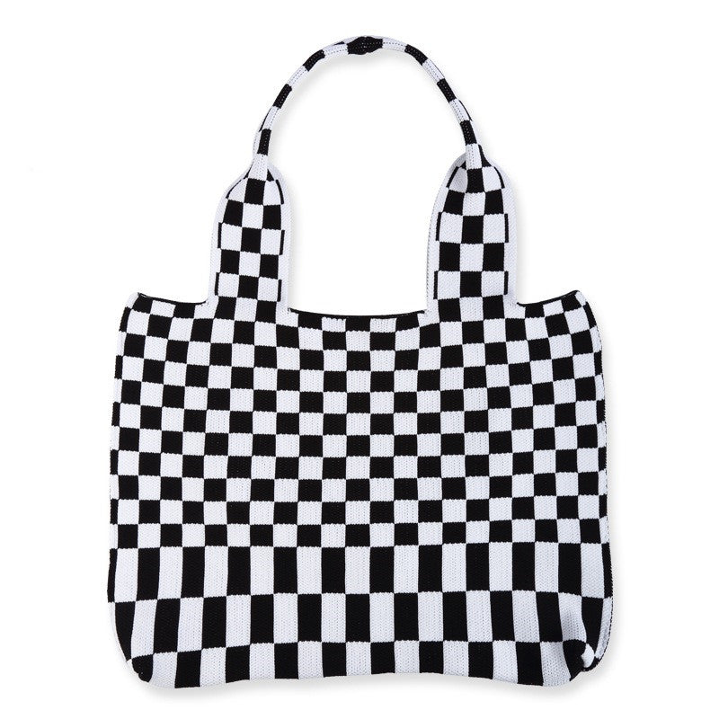 Women's Simple Checkerboard Shoulder Knitted Bag Large Capacity