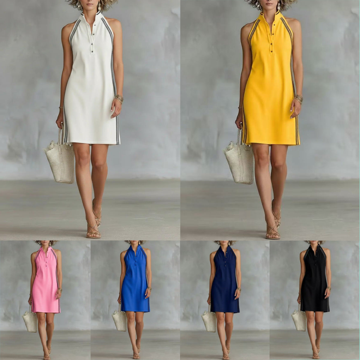 Solid-color Sleeveless Button-up Collar Dress