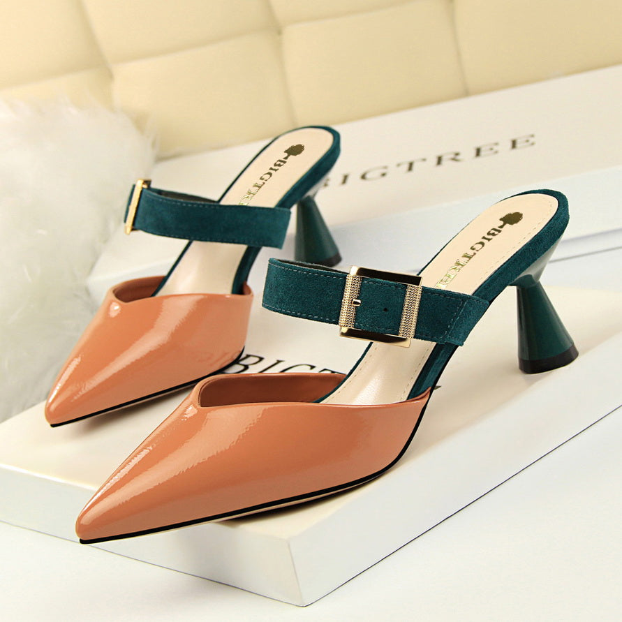 Summer And Autumn Mid-heel Pointed Sandals And Slippers