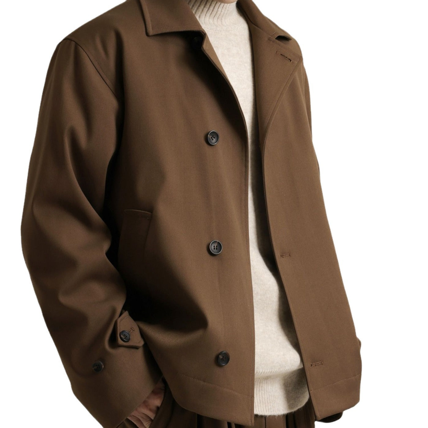 Twill Blended Partial Placket Turn-down Collar Coat Men