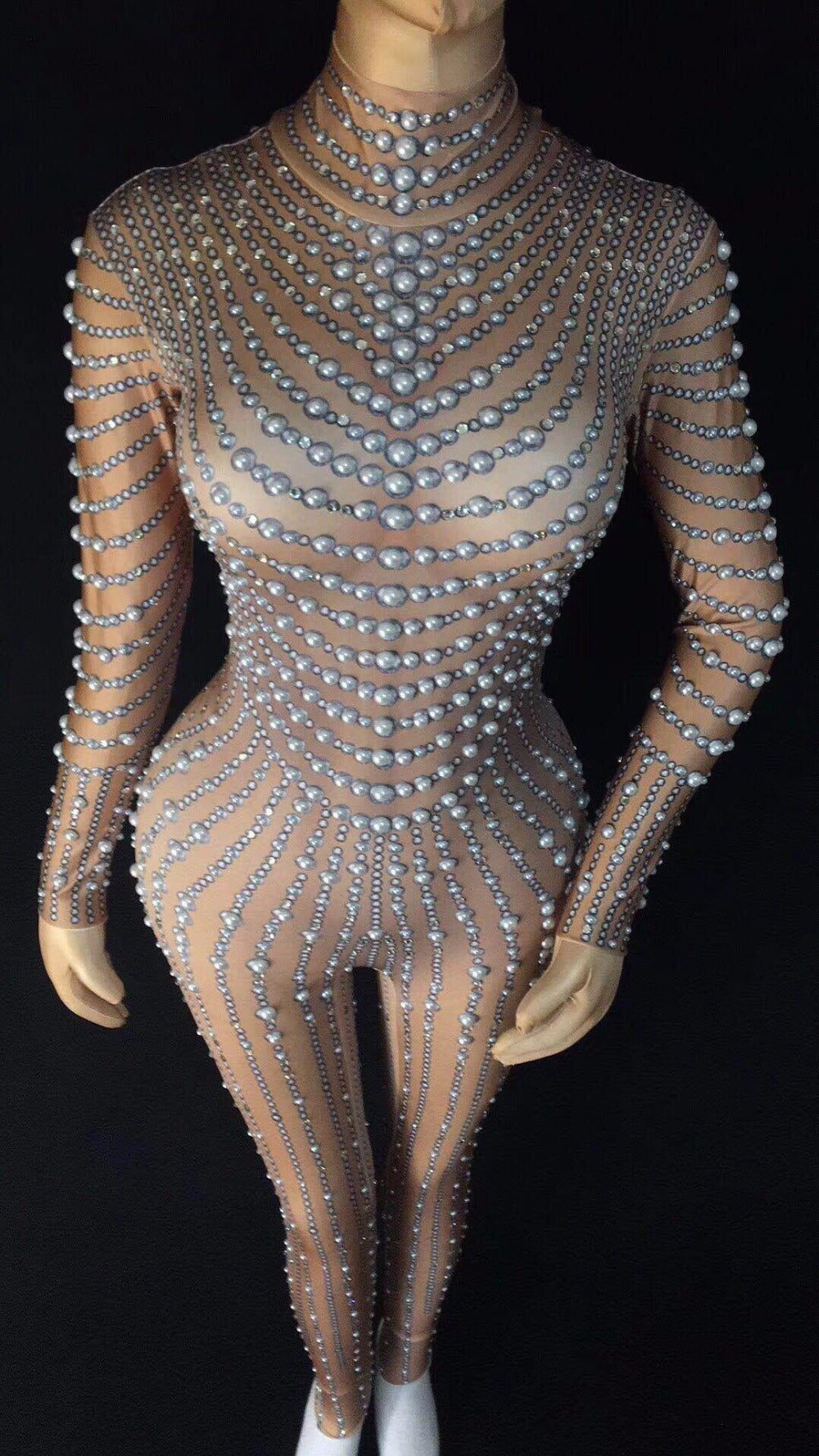 Singer Dance Yoga Rings Skin Tone Pearl Stretch One-piece Women's