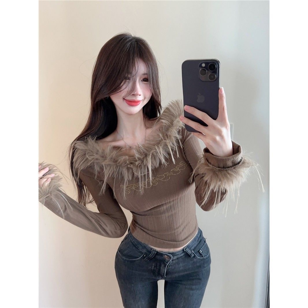 American-style Rhinestone-embellished Short-length Long-sleeve Base Shirt